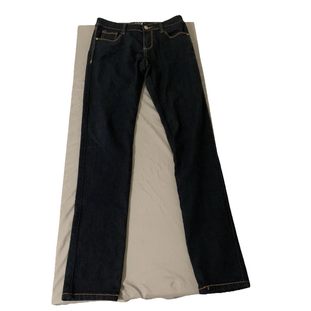 Papaya Jeans Womens Size 7 Dark Wash Denim Straight Leg Blue Pants Gold Stitch